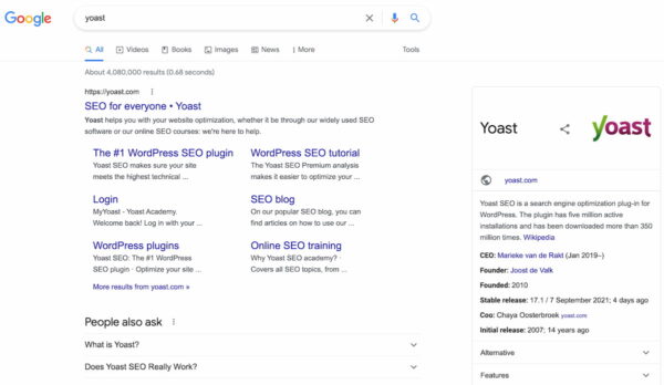 Example of navigational search intent: screenshot of Google's results for search term Yoast