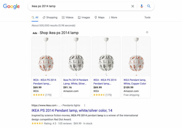 Example of transactional search intent: screenshot of Google's search results for IKEA PS 2014 lamp