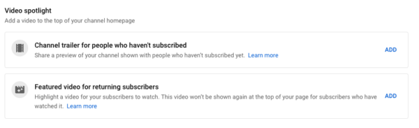 Screenshot of Video spotlight settings in YouTube