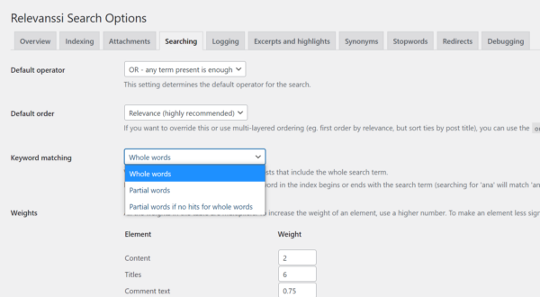 Configuration options for the Relevanssi Search plugin