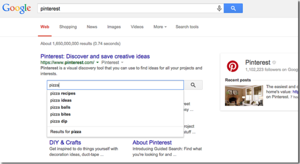 An example 'sitelinks search box' showing for a search for 'Pinterest' in Google