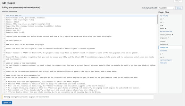 Screenshot of the Yoast SEO plugin readme text